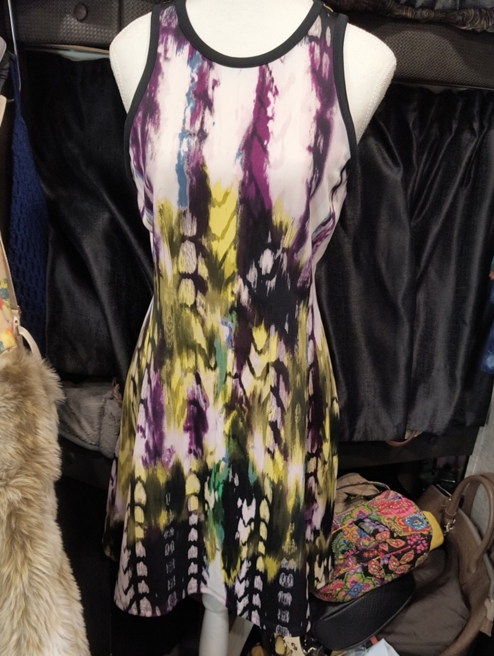 Sleeveless Tie-Dye Print Fit & Flare Dress-Purple/Yellow/ Black, Small, Mossimo